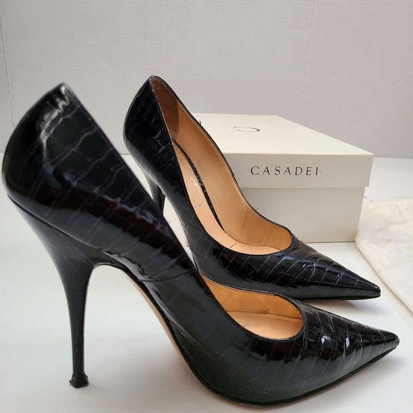 Casadei Shoes - Casadei Patent Black Croc Heel